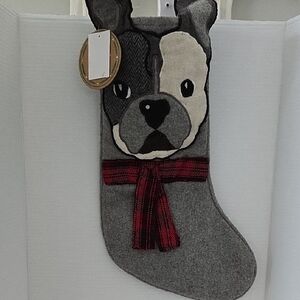 Gray Dog Christmas Stocking with Red Plaid Bow